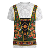 Norwegian Female Bunad Women V-Neck T-Shirt with Rosemaling Folk Art Green Color - Wonder Print Shop