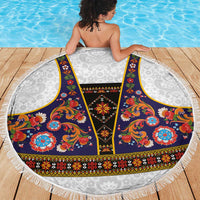Norwegian Female Bunad Beach Blanket with Rosemaling Folk Art Navy Color - Wonder Print Shop