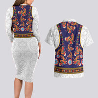 Norwegian Female Bunad Couples Matching Long Sleeve Bodycon Dress and Hawaiian Shirt with Rosemaling Folk Art Navy Color - Wonder Print Shop