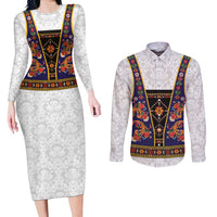 Norwegian Female Bunad Couples Matching Long Sleeve Bodycon Dress and Long Sleeve Button Shirt with Rosemaling Folk Art Navy Color - Wonder Print Shop