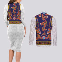 Norwegian Female Bunad Couples Matching Long Sleeve Bodycon Dress and Long Sleeve Button Shirt with Rosemaling Folk Art Navy Color - Wonder Print Shop