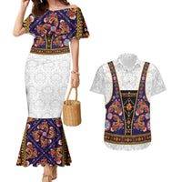 Norwegian Female Bunad Couples Matching Mermaid Dress and Hawaiian Shirt with Rosemaling Folk Art Navy Color - Wonder Print Shop