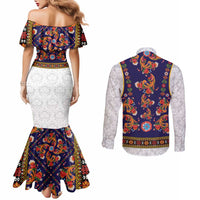 Norwegian Female Bunad Couples Matching Mermaid Dress and Long Sleeve Button Shirt with Rosemaling Folk Art Navy Color - Wonder Print Shop