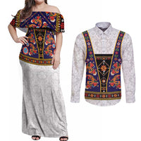 Norwegian Female Bunad Couples Matching Off Shoulder Maxi Dress and Long Sleeve Button Shirt with Rosemaling Folk Art Navy Color - Wonder Print Shop