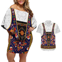 Norwegian Female Bunad Couples Matching Off Shoulder Short Dress and Hawaiian Shirt with Rosemaling Folk Art Navy Color - Wonder Print Shop