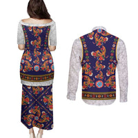 Norwegian Female Bunad Couples Matching Puletasi and Long Sleeve Button Shirt with Rosemaling Folk Art Navy Color - Wonder Print Shop