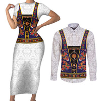 Norwegian Female Bunad Couples Matching Short Sleeve Bodycon Dress and Long Sleeve Button Shirt with Rosemaling Folk Art Navy Color - Wonder Print Shop