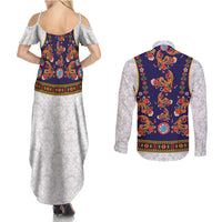 Norwegian Female Bunad Couples Matching Summer Maxi Dress and Long Sleeve Button Shirt with Rosemaling Folk Art Navy Color - Wonder Print Shop