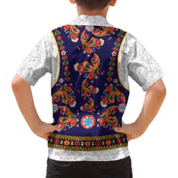 Norwegian Female Bunad Family Matching Off The Shoulder Long Sleeve Dress and Hawaiian Shirt with Rosemaling Folk Art Navy Color - Wonder Print Shop