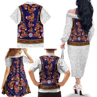 Norwegian Female Bunad Family Matching Off The Shoulder Long Sleeve Dress and Hawaiian Shirt with Rosemaling Folk Art Navy Color - Wonder Print Shop