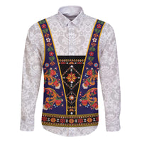 Norwegian Female Bunad Family Matching Off The Shoulder Long Sleeve Dress and Hawaiian Shirt with Rosemaling Folk Art Navy Color - Wonder Print Shop