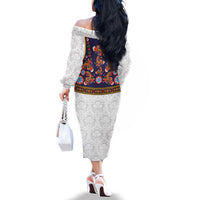 Norwegian Female Bunad Family Matching Off The Shoulder Long Sleeve Dress and Hawaiian Shirt with Rosemaling Folk Art Navy Color - Wonder Print Shop