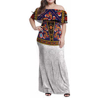 Norwegian Female Bunad Family Matching Off Shoulder Maxi Dress and Hawaiian Shirt with Rosemaling Folk Art Navy Color - Wonder Print Shop