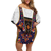 Norwegian Female Bunad Family Matching Off Shoulder Short Dress and Hawaiian Shirt with Rosemaling Folk Art Navy Color - Wonder Print Shop