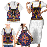 Norwegian Female Bunad Family Matching Short Sleeve Bodycon Dress and Hawaiian Shirt with Rosemaling Folk Art Navy Color - Wonder Print Shop