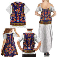 Norwegian Female Bunad Family Matching Summer Maxi Dress and Hawaiian Shirt with Rosemaling Folk Art Navy Color - Wonder Print Shop