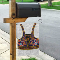 Norwegian Female Bunad Garden Flag with Rosemaling Folk Art Navy Color - Wonder Print Shop