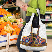 Norwegian Female Bunad Grocery Bag with Rosemaling Folk Art Navy Color - Wonder Print Shop