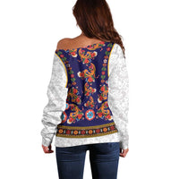 Norwegian Female Bunad Off Shoulder Sweater with Rosemaling Folk Art Navy Color - Wonder Print Shop