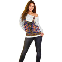 Norwegian Female Bunad Off Shoulder Sweater with Rosemaling Folk Art Navy Color - Wonder Print Shop