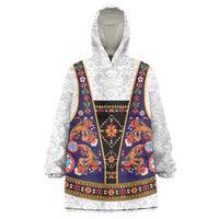 Norwegian Female Bunad Wearable Blanket Hoodie with Rosemaling Folk Art Navy Color - Wonder Print Shop