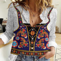 Norwegian Female Bunad Women Casual Shirt with Rosemaling Folk Art Navy Color - Wonder Print Shop