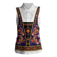 Norwegian Female Bunad Women Sleeveless Polo Shirt with Rosemaling Folk Art Navy Color - Wonder Print Shop