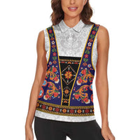 Norwegian Female Bunad Women Sleeveless Polo Shirt with Rosemaling Folk Art Navy Color - Wonder Print Shop