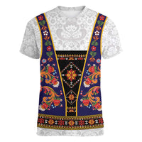 Norwegian Female Bunad Women V-Neck T-Shirt with Rosemaling Folk Art Navy Color - Wonder Print Shop