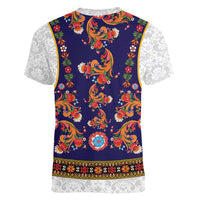 Norwegian Female Bunad Women V-Neck T-Shirt with Rosemaling Folk Art Navy Color - Wonder Print Shop
