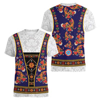 Norwegian Female Bunad Women V-Neck T-Shirt with Rosemaling Folk Art Navy Color - Wonder Print Shop