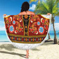 Norwegian Female Bunad Beach Blanket with Rosemaling Folk Art Red Color - Wonder Print Shop