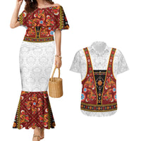 Norwegian Female Bunad Couples Matching Mermaid Dress and Hawaiian Shirt with Rosemaling Folk Art Red Color - Wonder Print Shop