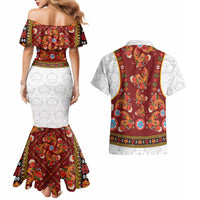 Norwegian Female Bunad Couples Matching Mermaid Dress and Hawaiian Shirt with Rosemaling Folk Art Red Color - Wonder Print Shop