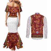 Norwegian Female Bunad Couples Matching Mermaid Dress and Long Sleeve Button Shirt with Rosemaling Folk Art Red Color - Wonder Print Shop