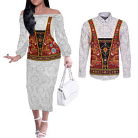 Norwegian Female Bunad Couples Matching Off The Shoulder Long Sleeve Dress and Long Sleeve Button Shirt with Rosemaling Folk Art Red Color - Wonder Print Shop