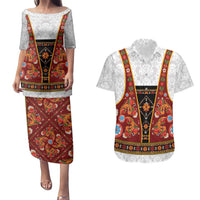 Norwegian Female Bunad Couples Matching Puletasi and Hawaiian Shirt with Rosemaling Folk Art Red Color - Wonder Print Shop