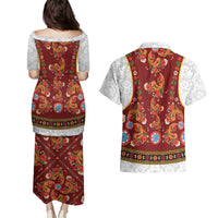 Norwegian Female Bunad Couples Matching Puletasi and Hawaiian Shirt with Rosemaling Folk Art Red Color - Wonder Print Shop