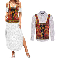 Norwegian Female Bunad Couples Matching Summer Maxi Dress and Long Sleeve Button Shirt with Rosemaling Folk Art Red Color - Wonder Print Shop