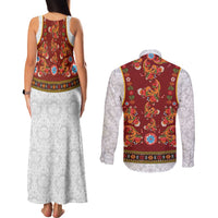Norwegian Female Bunad Couples Matching Tank Maxi Dress and Long Sleeve Button Shirt with Rosemaling Folk Art Red Color - Wonder Print Shop