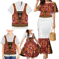 Norwegian Female Bunad Family Matching Mermaid Dress and Hawaiian Shirt with Rosemaling Folk Art Red Color - Wonder Print Shop