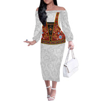 Norwegian Female Bunad Family Matching Off The Shoulder Long Sleeve Dress and Hawaiian Shirt with Rosemaling Folk Art Red Color - Wonder Print Shop