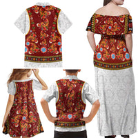 Norwegian Female Bunad Family Matching Off Shoulder Maxi Dress and Hawaiian Shirt with Rosemaling Folk Art Red Color - Wonder Print Shop