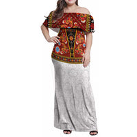 Norwegian Female Bunad Family Matching Off Shoulder Maxi Dress and Hawaiian Shirt with Rosemaling Folk Art Red Color - Wonder Print Shop