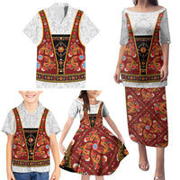 Norwegian Female Bunad Family Matching Puletasi and Hawaiian Shirt with Rosemaling Folk Art Red Color - Wonder Print Shop