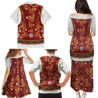 Norwegian Female Bunad Family Matching Puletasi and Hawaiian Shirt with Rosemaling Folk Art Red Color - Wonder Print Shop