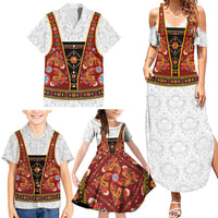 Norwegian Female Bunad Family Matching Summer Maxi Dress and Hawaiian Shirt with Rosemaling Folk Art Red Color - Wonder Print Shop