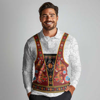 Norwegian Female Bunad Long Sleeve Polo Shirt with Rosemaling Folk Art Red Color - Wonder Print Shop
