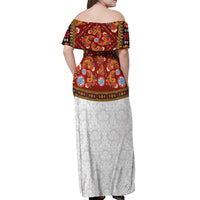 Norwegian Female Bunad Off Shoulder Maxi Dress with Rosemaling Folk Art Red Color - Wonder Print Shop