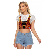 Norwegian Female Bunad Raglan Cropped T Shirt with Rosemaling Folk Art Red Color - Wonder Print Shop